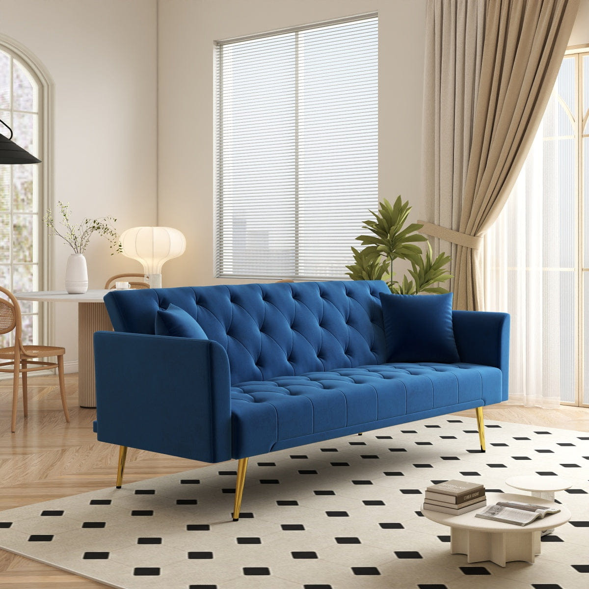 Blue Velvet Streamdale 72" Blue Velvet Tufted Convertible Sleeper Sofa Modern Retro