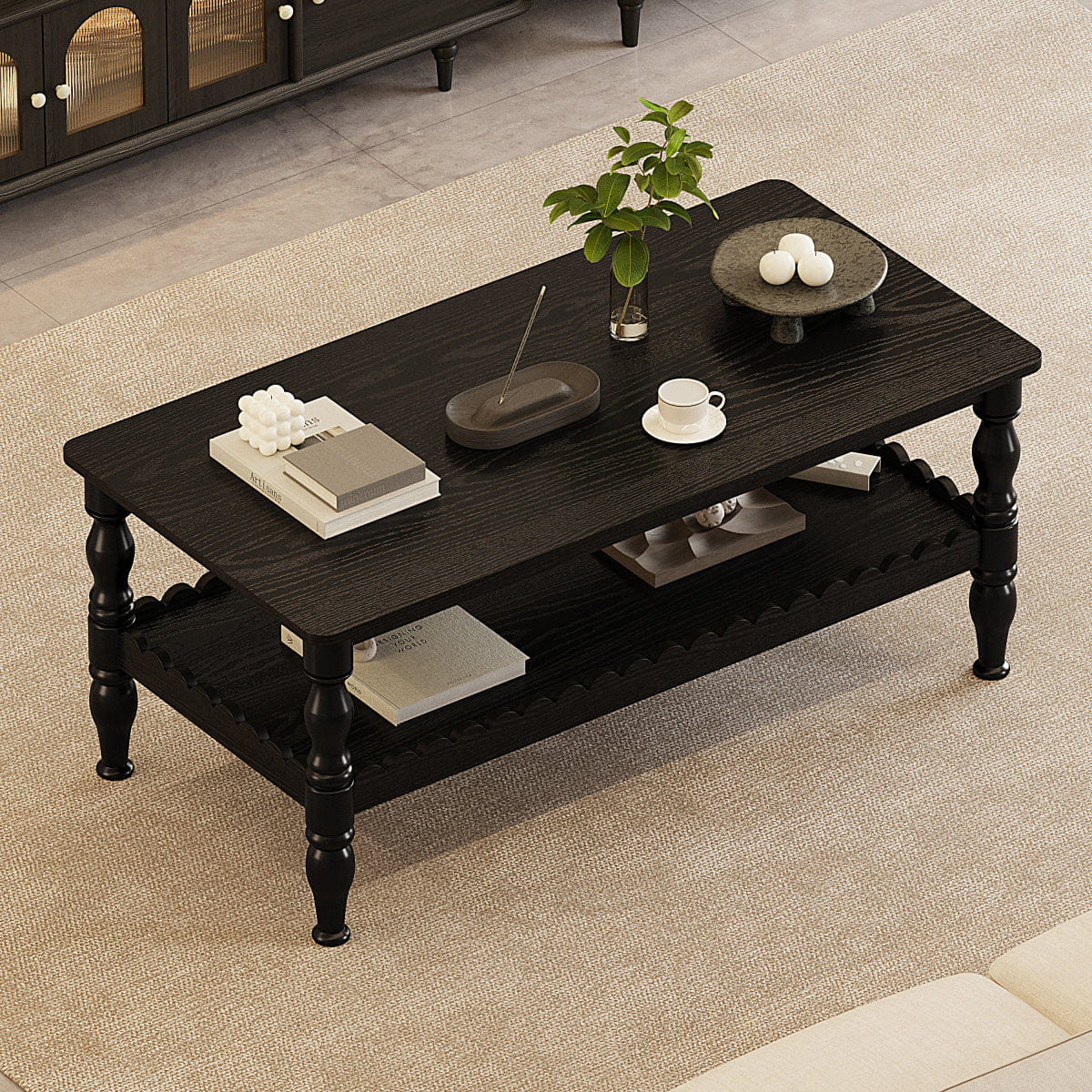 !SOLID Streamdale Solid Wood 2 - Tier Rectangle Coffee Table with Storage, Black
