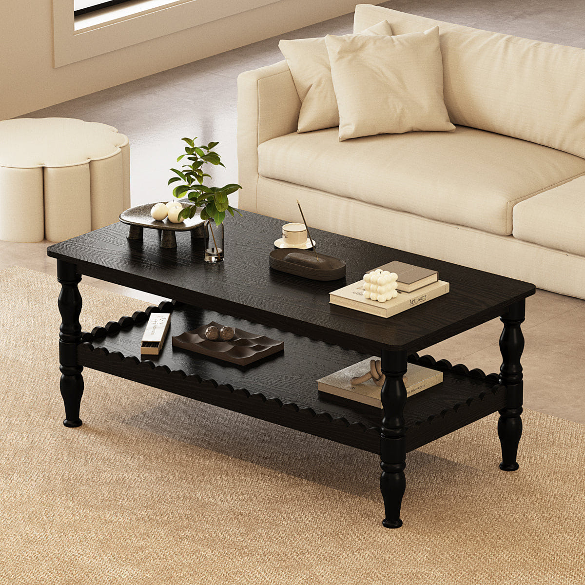 !SOLID Streamdale Solid Wood 2 - Tier Rectangle Coffee Table with Storage, Black