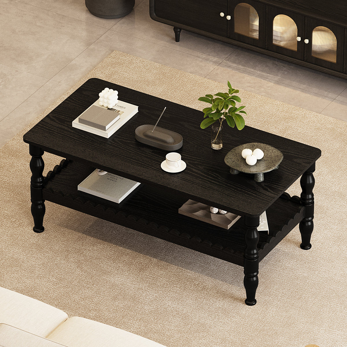 !SOLID Streamdale Solid Wood 2 - Tier Rectangle Coffee Table with Storage, Black