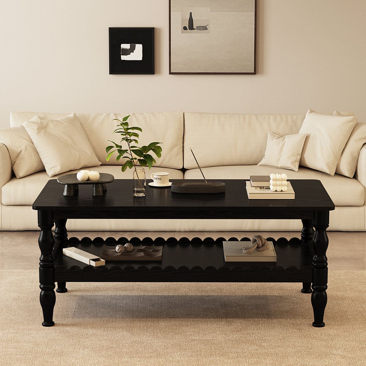 !SOLID Streamdale Solid Wood 2 - Tier Rectangle Coffee Table with Storage, Black