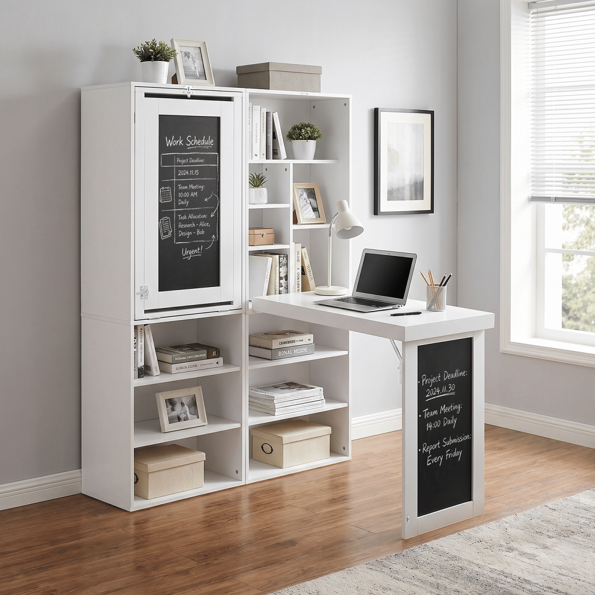 WHITE* Streamdale Folding Convertible Desk with Storage Shelves and Blackboard (White)