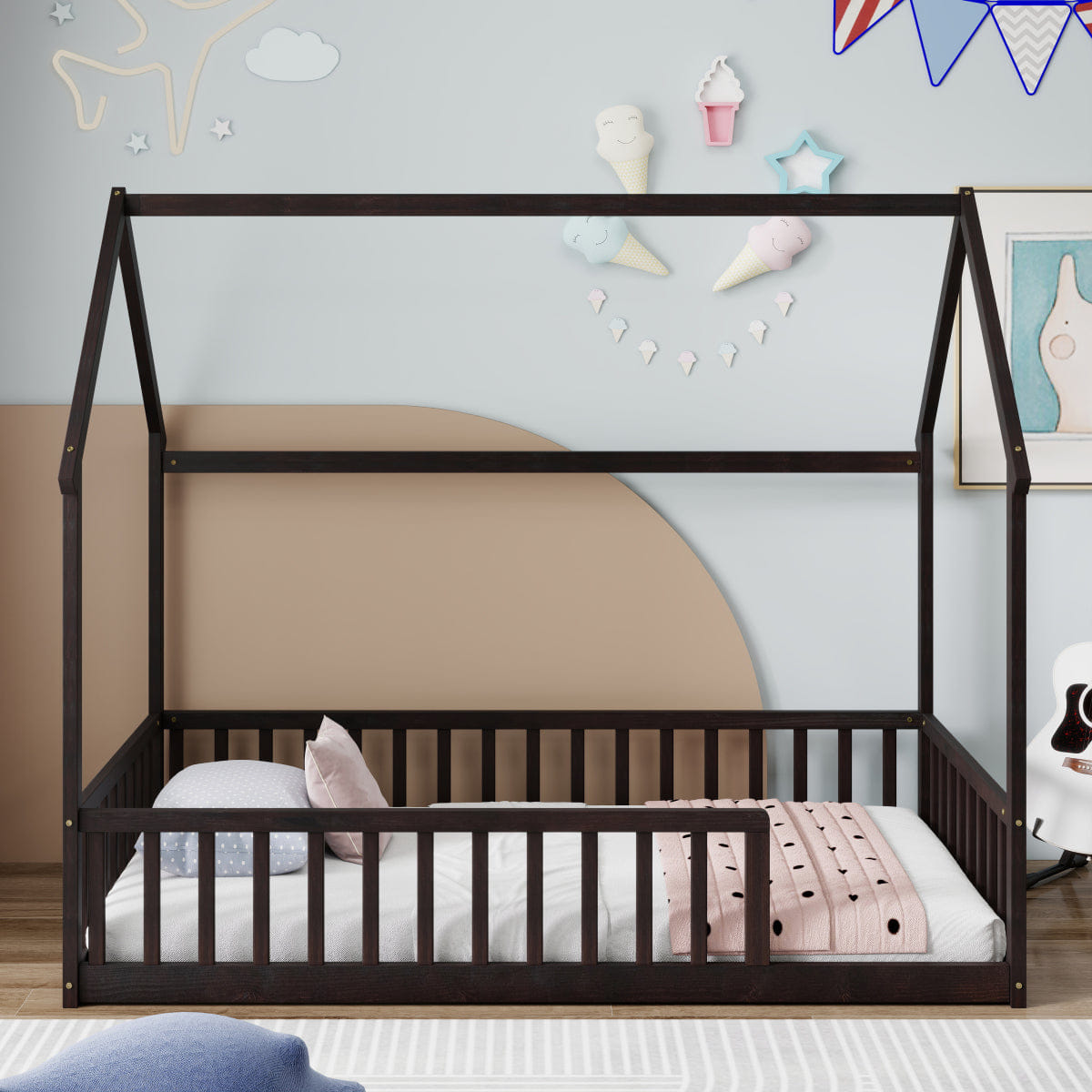 FLOOR Streamdale Twin Wood House Floor Bed with Guardrails, Espresso