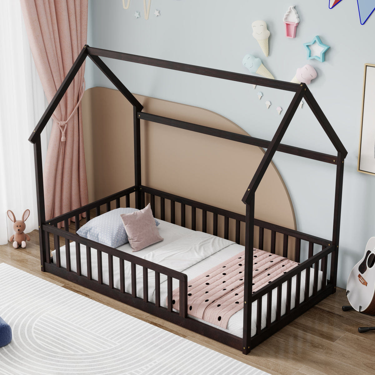 FLOOR Streamdale Twin Wood House Floor Bed with Guardrails, Espresso