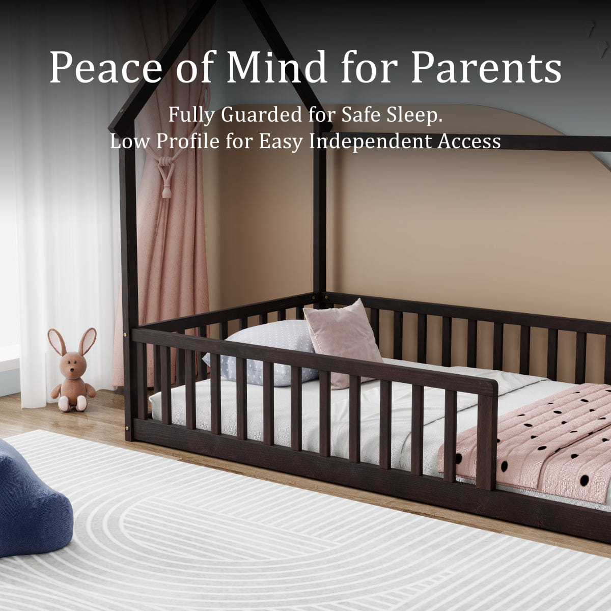 FLOOR Streamdale Twin Wood House Floor Bed with Guardrails, Espresso