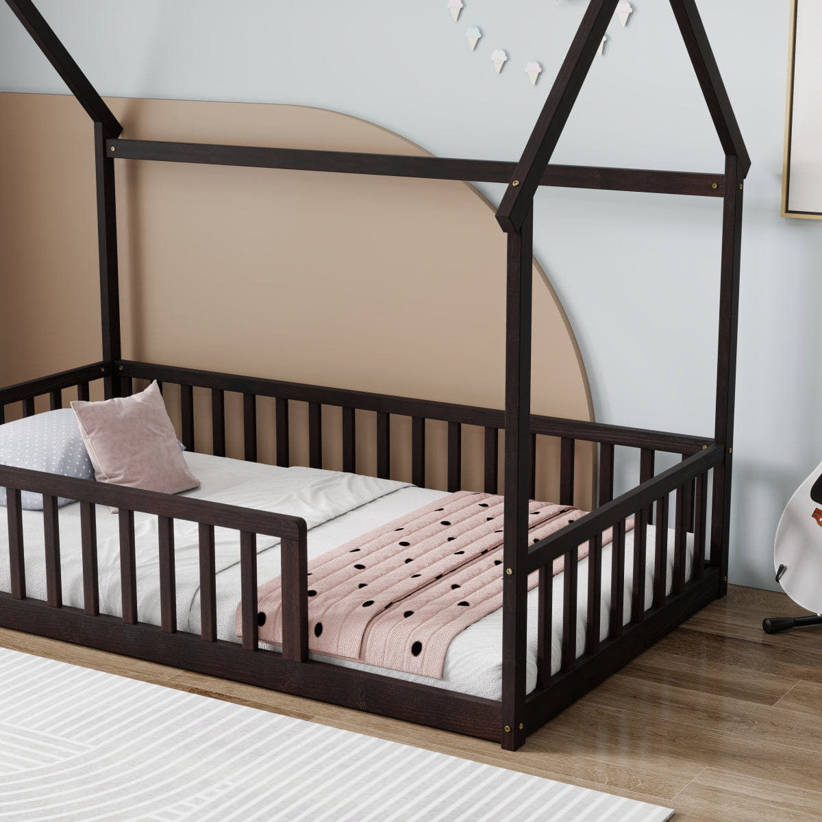 FLOOR Streamdale Twin Wood House Floor Bed with Guardrails, Espresso