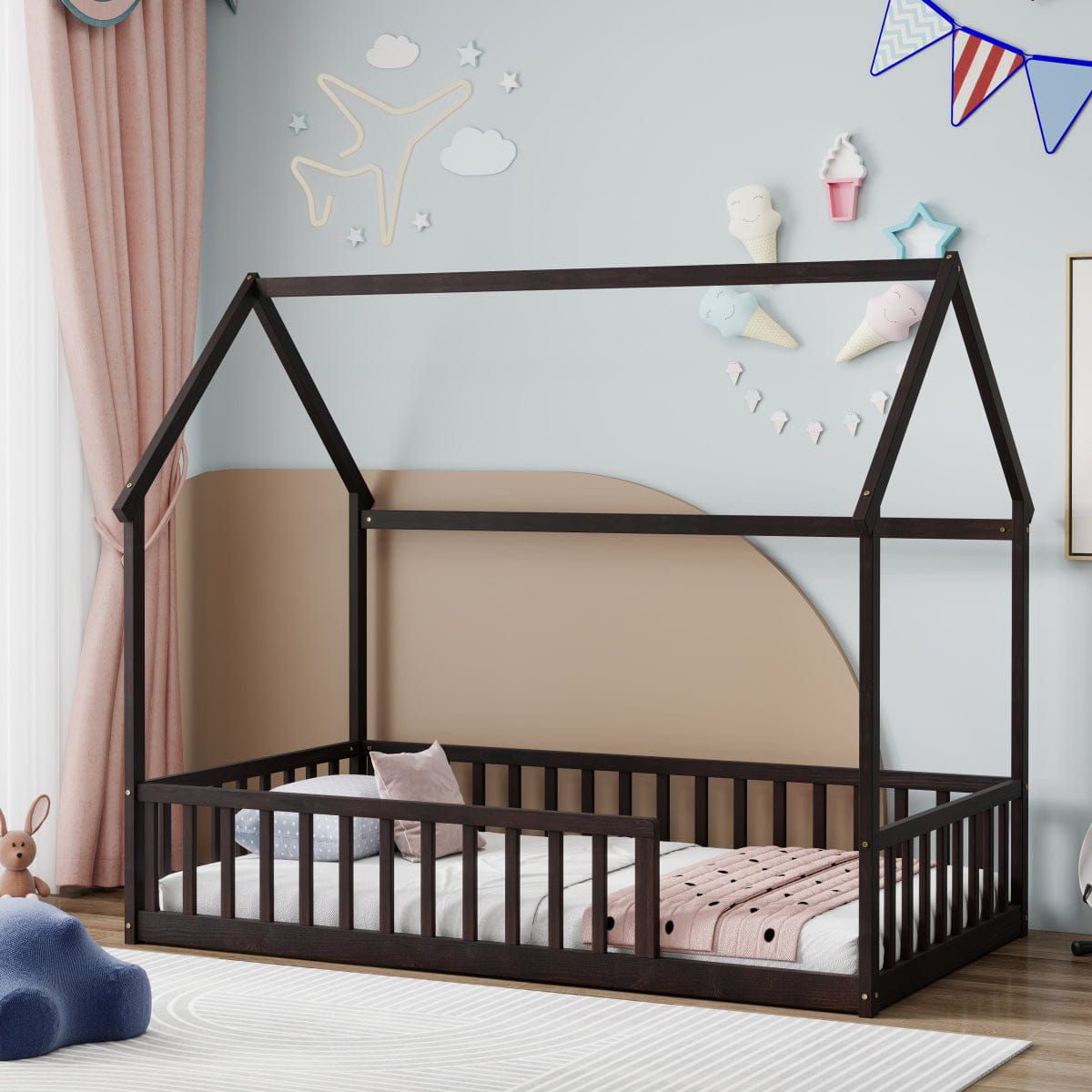 FLOOR Streamdale Twin Wood House Floor Bed with Guardrails, Espresso