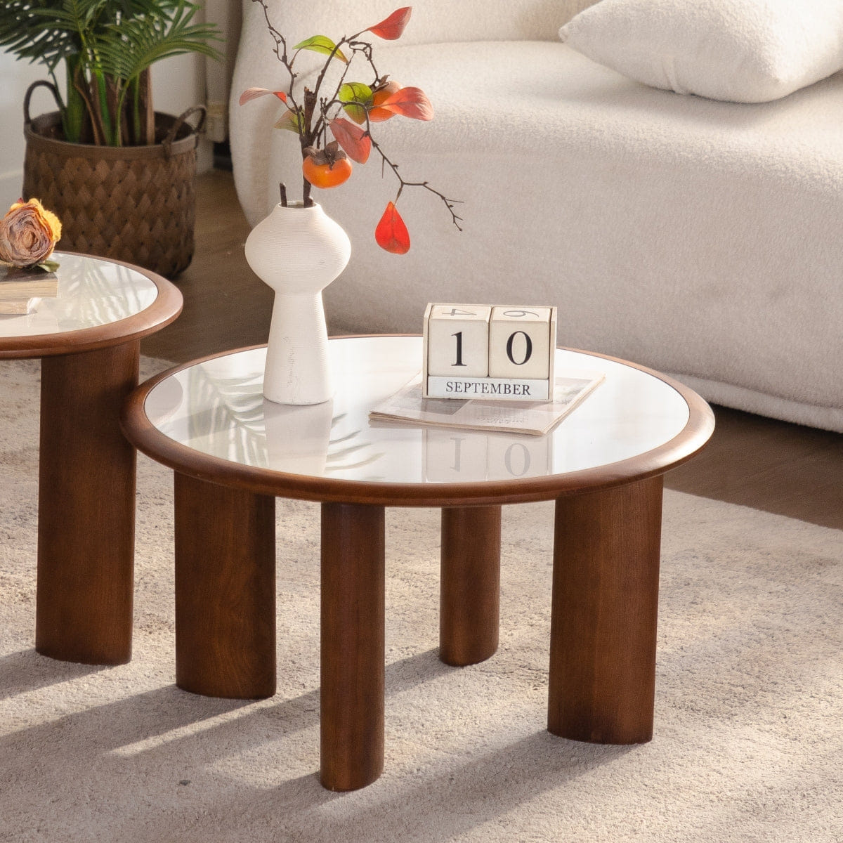 WOOD Streamdale 17.72" Round Sintered Stone Coffee Table with Wood Rim