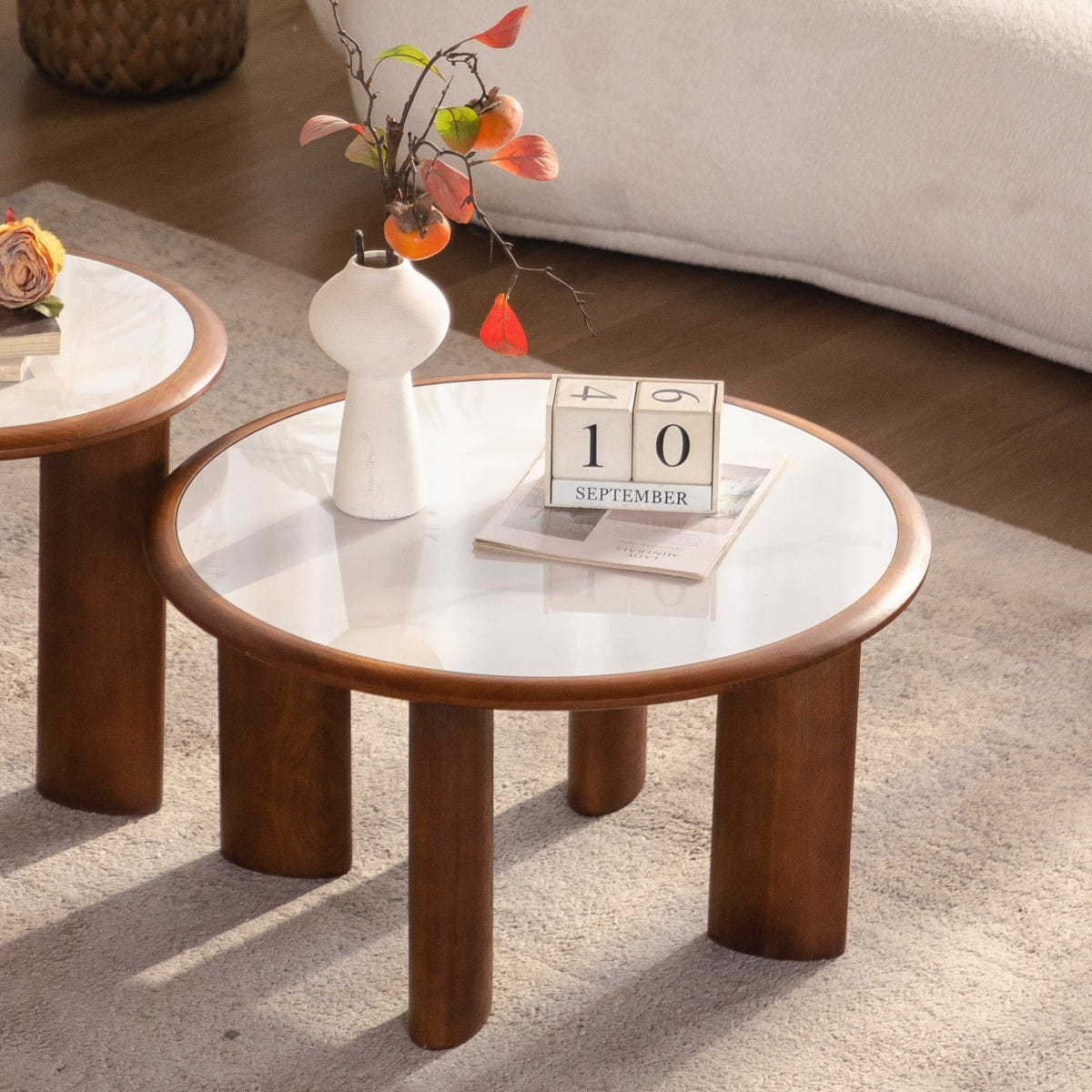 WOOD Streamdale 17.72" Round Sintered Stone Coffee Table with Wood Rim