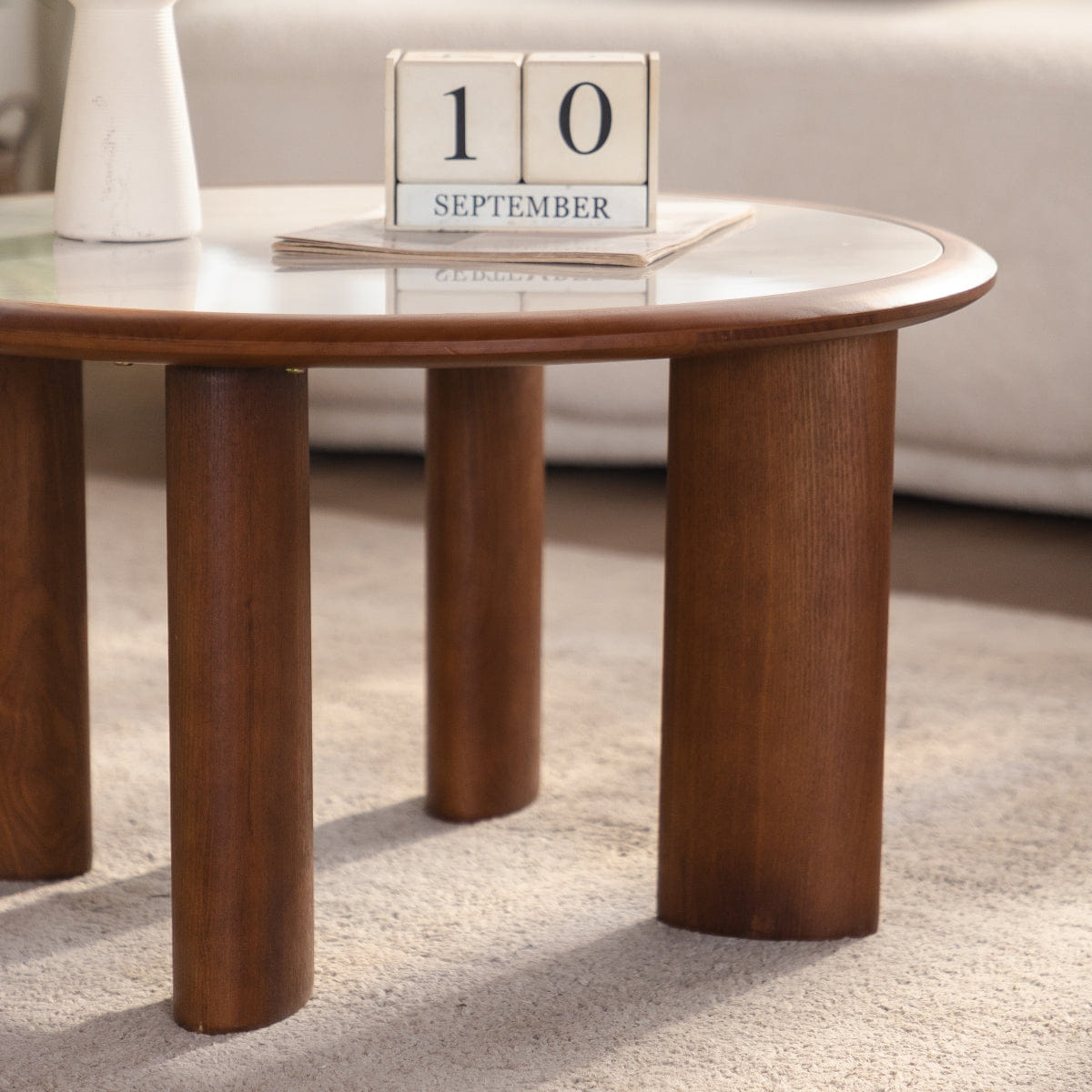 WOOD Streamdale 17.72" Round Sintered Stone Coffee Table with Wood Rim