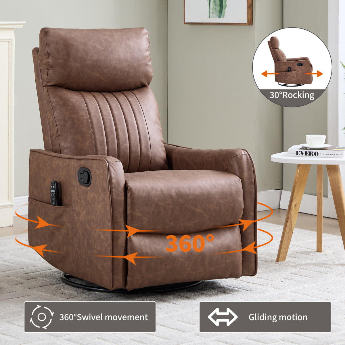 And Streamdale Brown Faux Leather Rocker Recliner with Heat and Massage