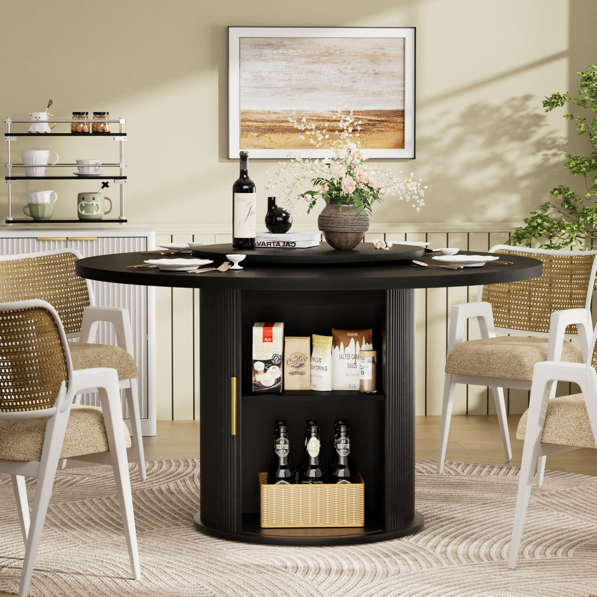 DOORS Streamdale 55" Round 6 - Person Dining Table with Storage, Lazy Susan & Sliding Doors (Black)