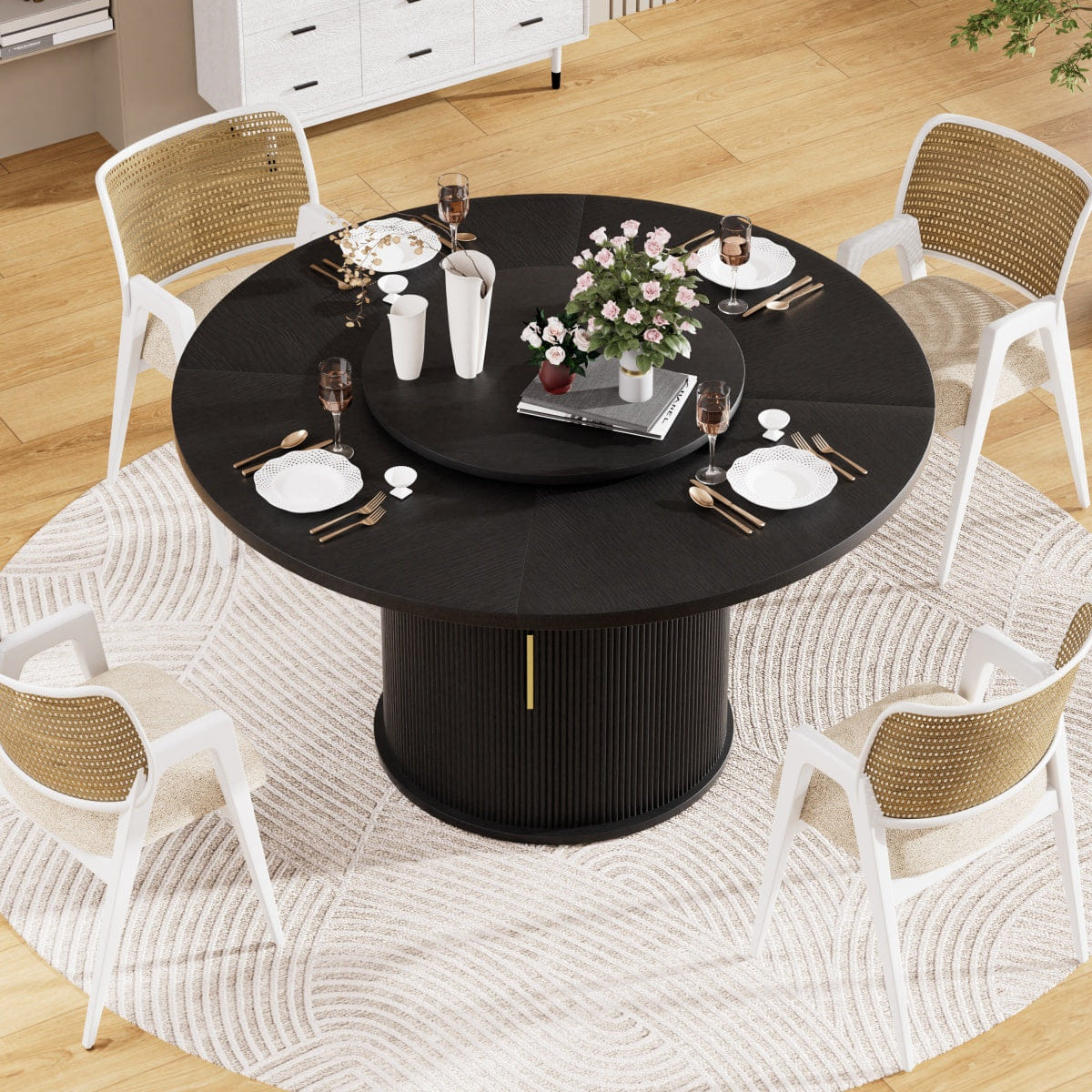 DOORS Streamdale 55" Round 6 - Person Dining Table with Storage, Lazy Susan & Sliding Doors (Black)