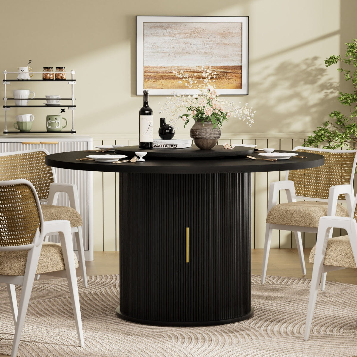 DOORS Streamdale 55" Round 6 - Person Dining Table with Storage, Lazy Susan & Sliding Doors (Black)