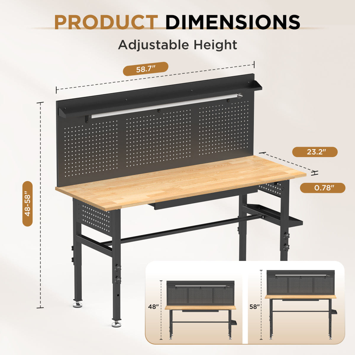 !SOLID Streamdale 60" Workbench with Solid Wood Top, Drawers, Power Outlet, and LED Light