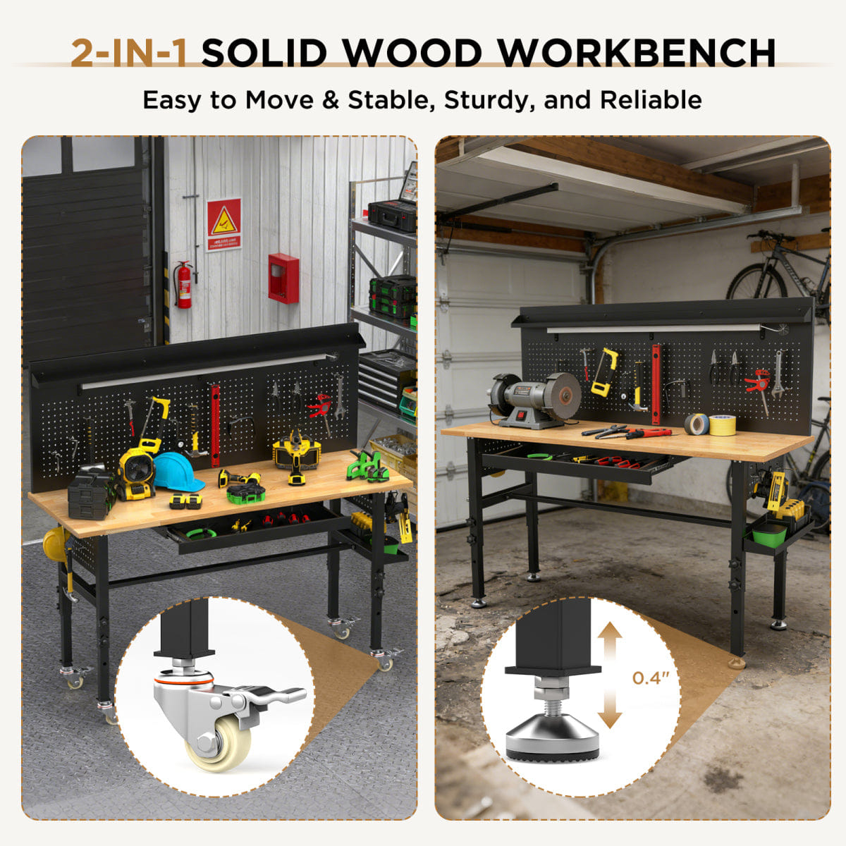 !SOLID Streamdale 60" Workbench with Solid Wood Top, Drawers, Power Outlet, and LED Light