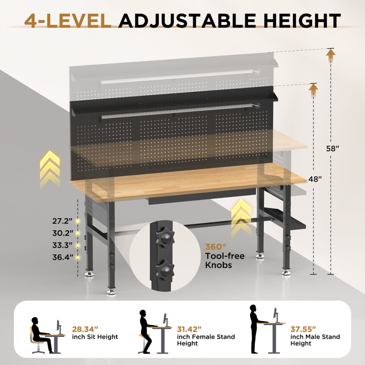 !SOLID Streamdale 60" Workbench with Solid Wood Top, Drawers, Power Outlet, and LED Light