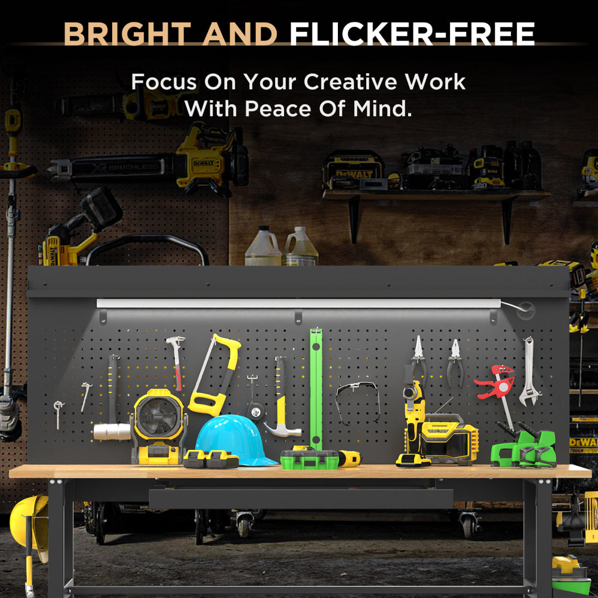 !SOLID Streamdale 60" Workbench with Solid Wood Top, Drawers, Power Outlet, and LED Light
