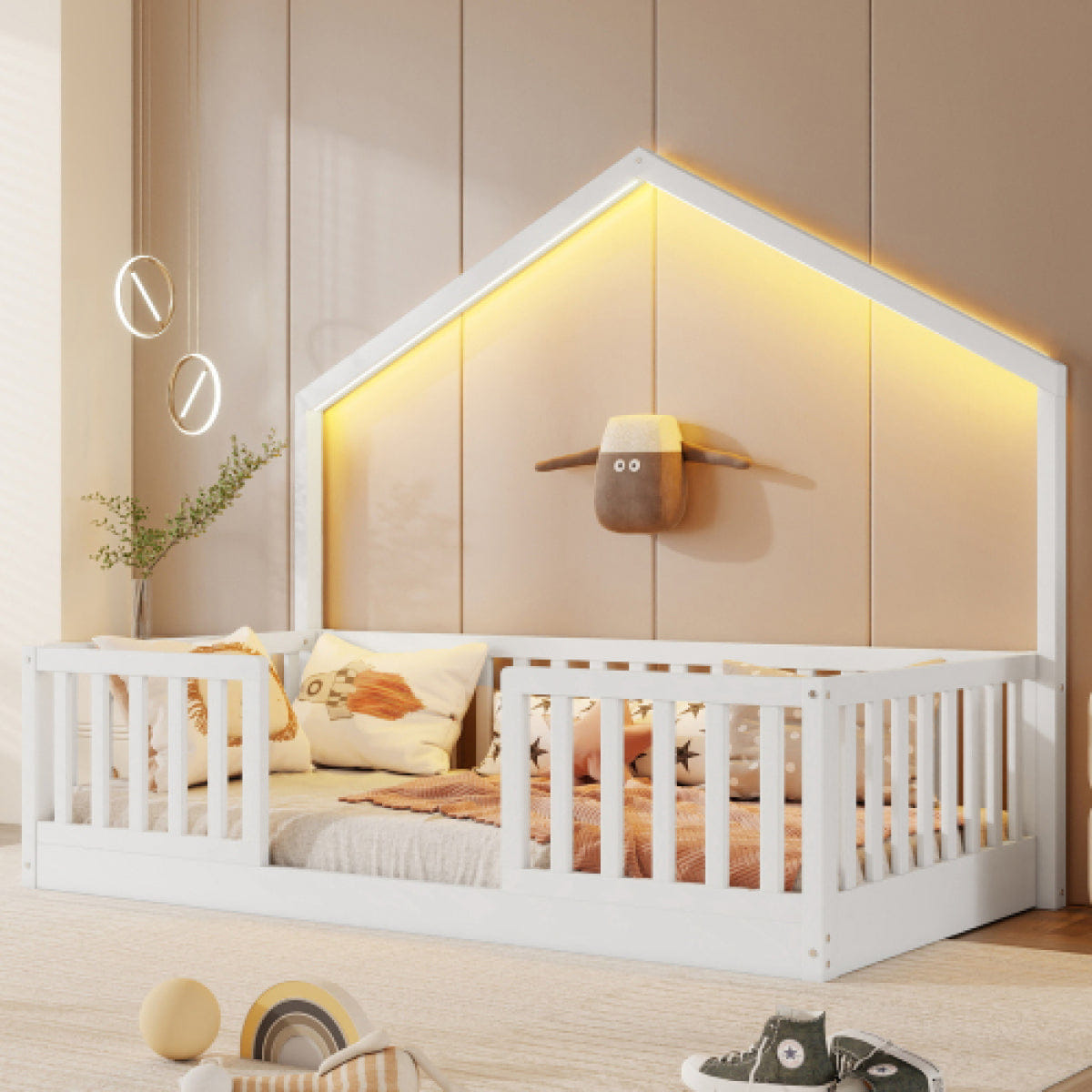 FLOOR Streamdale Twin Floor Bed with High Rails and Light for Kids, White