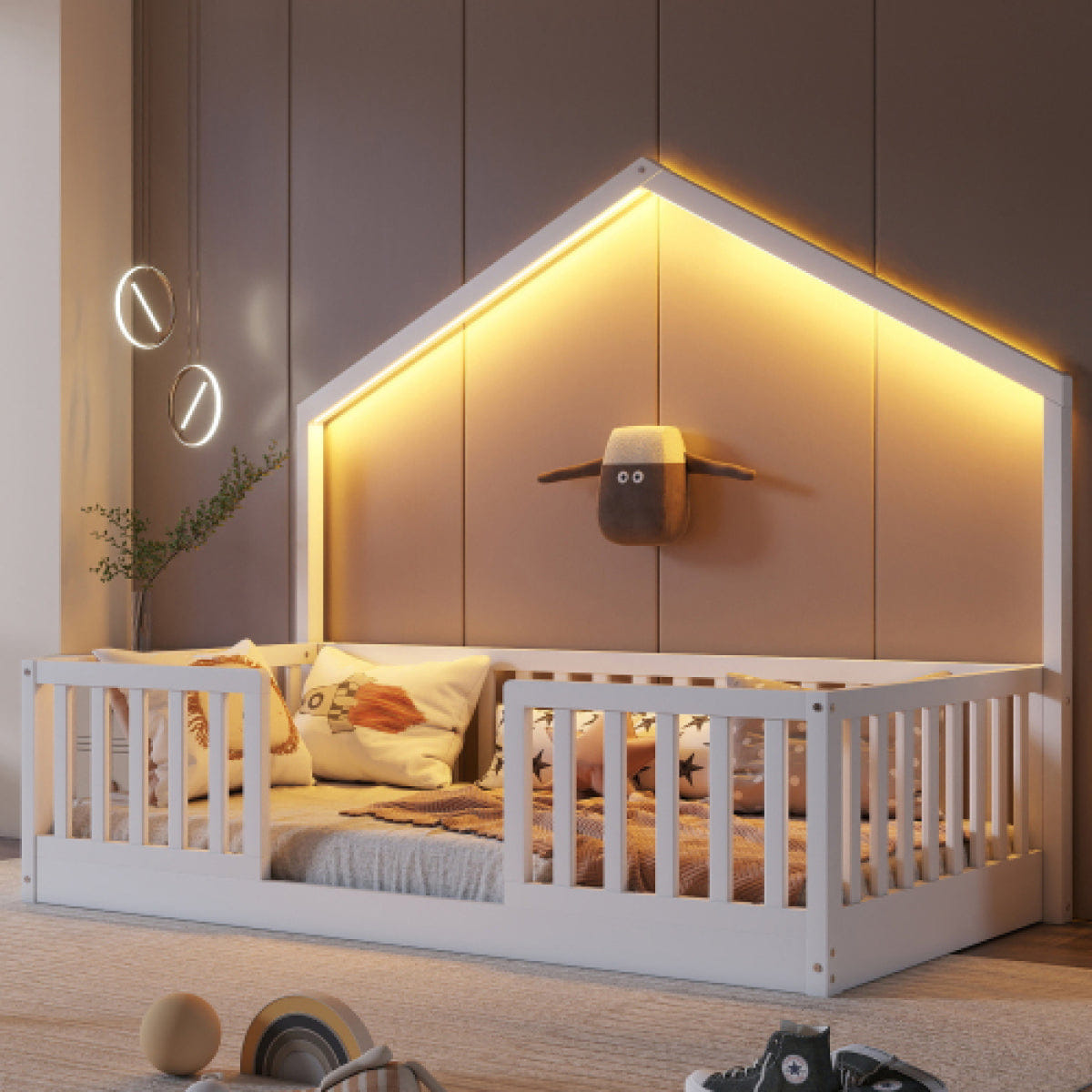FLOOR Streamdale Twin Floor Bed with High Rails and Light for Kids, White