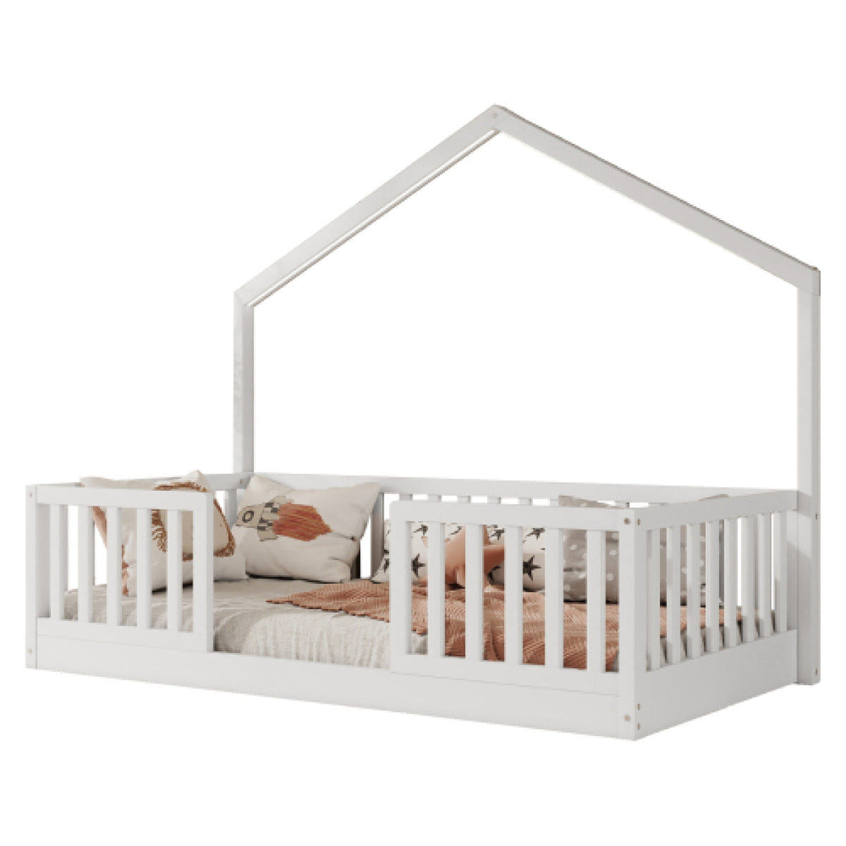 FLOOR Streamdale Twin Floor Bed with High Rails and Light for Kids, White