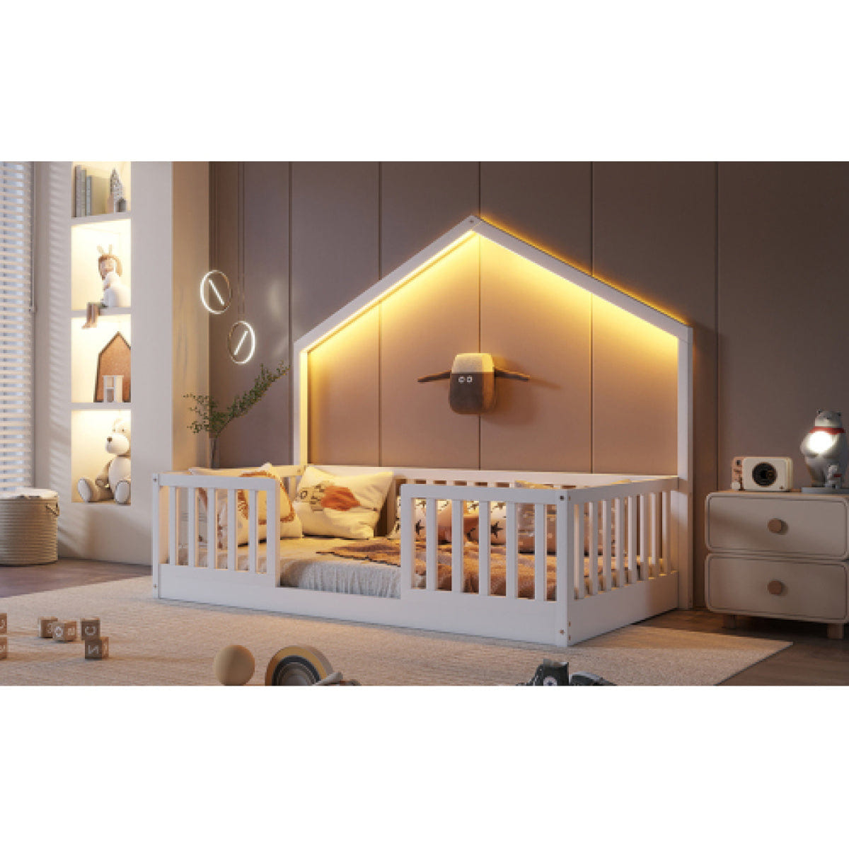 FLOOR Streamdale Twin Floor Bed with High Rails and Light for Kids, White