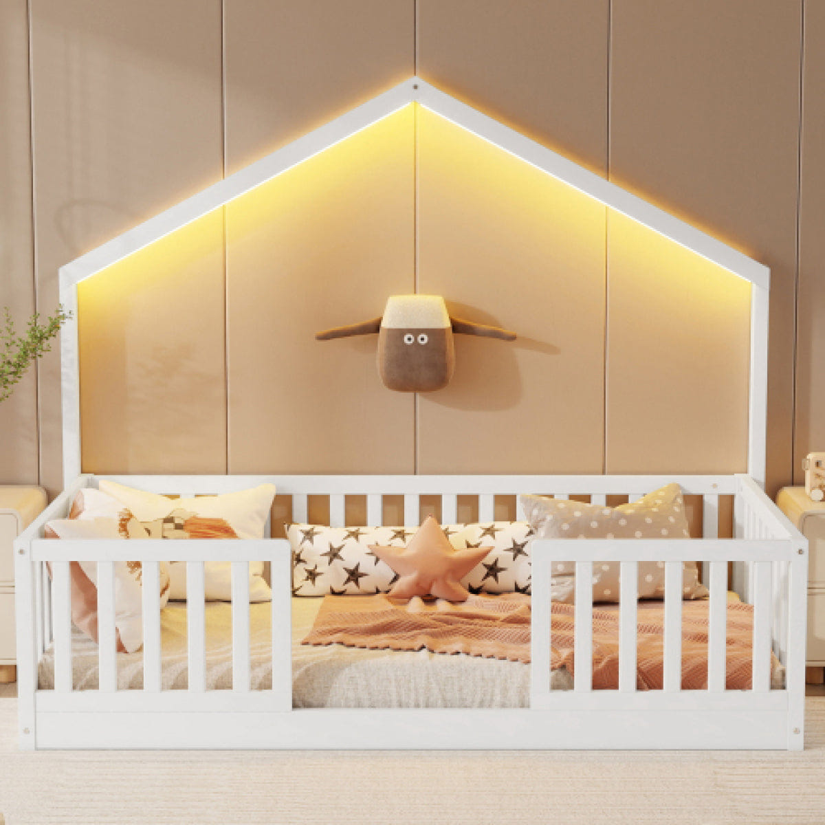 FLOOR Streamdale Twin Floor Bed with High Rails and Light for Kids, White