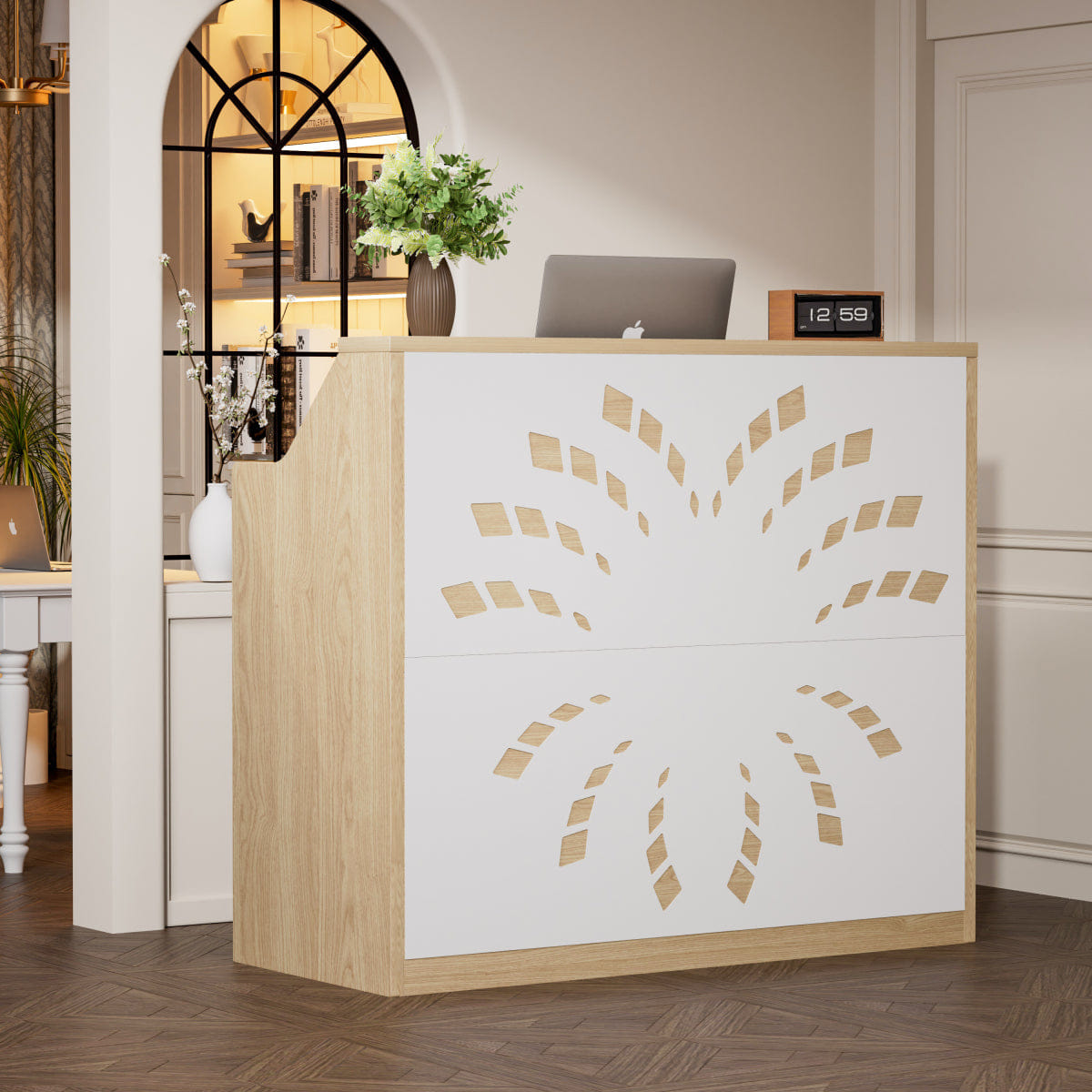 RECEPTION Streamdale 46.5" Modern Reception Desk with Storage Cabinet, Natural & White