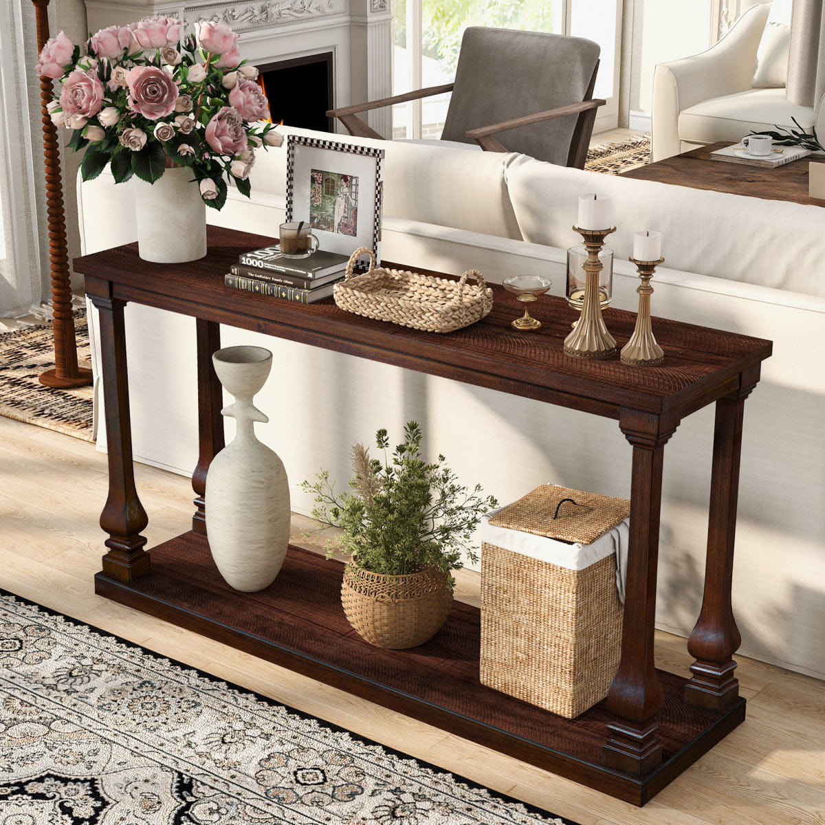 WOOD Streamdale Farmhouse 59" Wood Long Console Table, Walnut