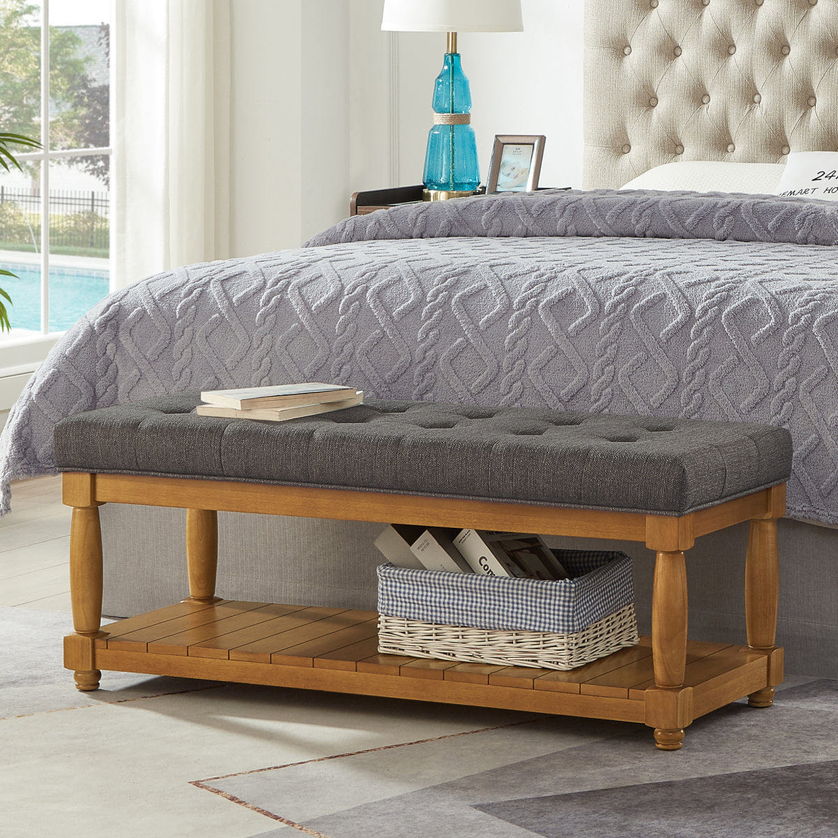 !SOLID Streamdale Upholstered Linen Storage Bench with Shelf and Solid Wood Legs, Granite