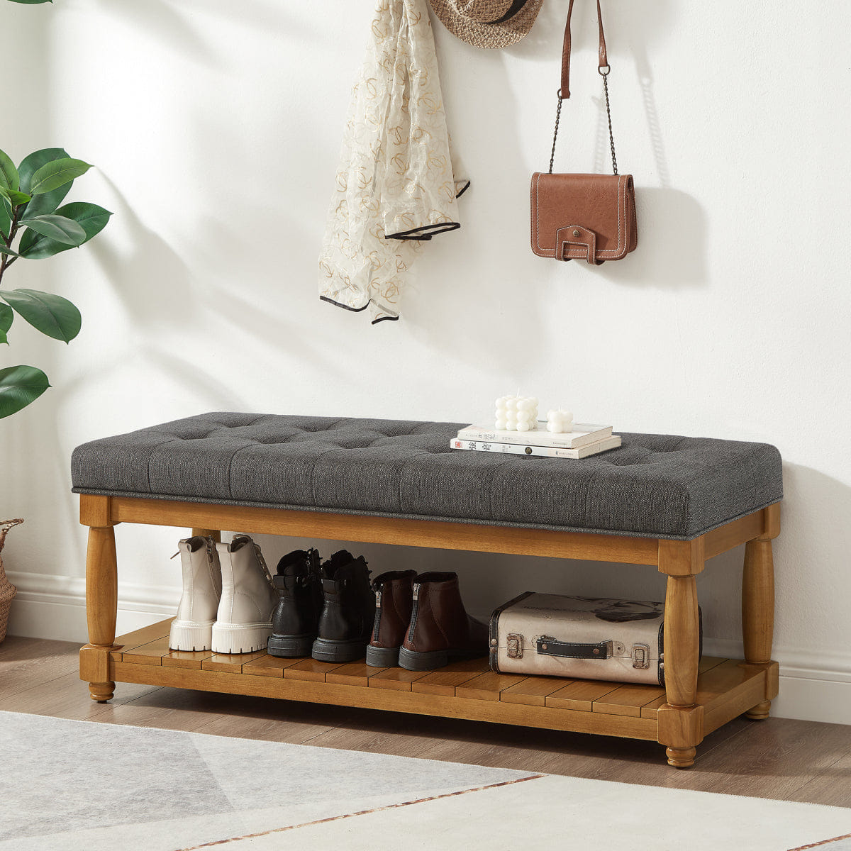 !SOLID Streamdale Upholstered Linen Storage Bench with Shelf and Solid Wood Legs, Granite