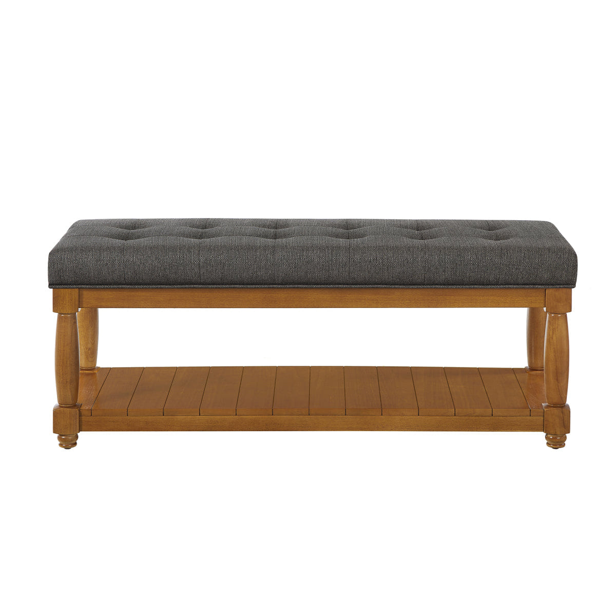 !SOLID Streamdale Upholstered Linen Storage Bench with Shelf and Solid Wood Legs, Granite