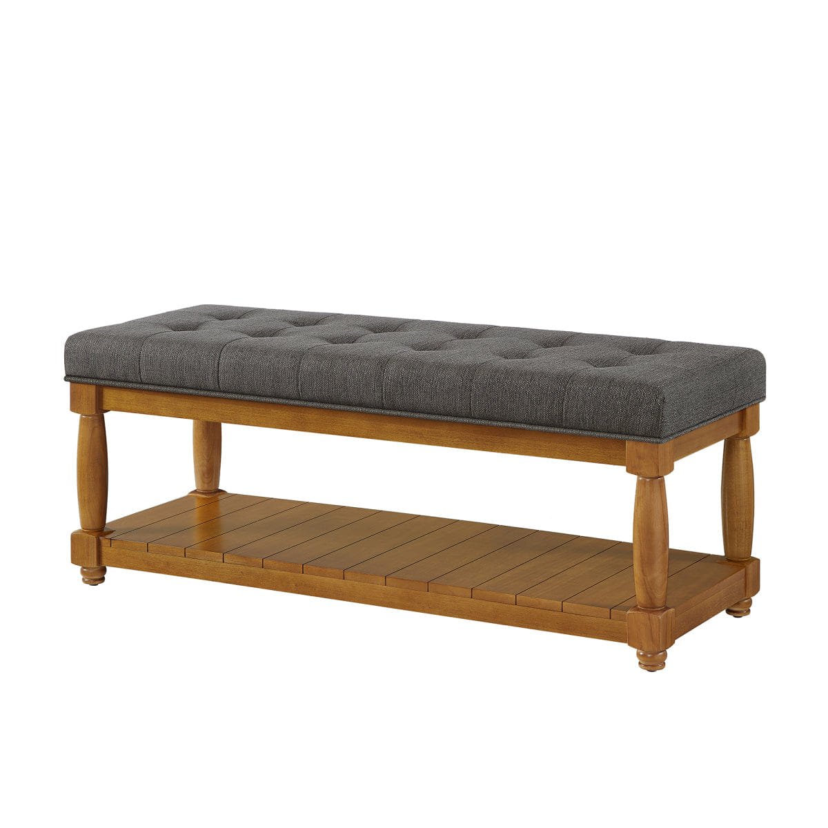 !SOLID Streamdale Upholstered Linen Storage Bench with Shelf and Solid Wood Legs, Granite