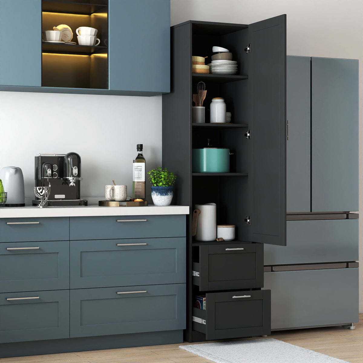 And Streamdale Tall Kitchen Pantry Freestanding Cabinet with Door and Two Drawers, BLACK