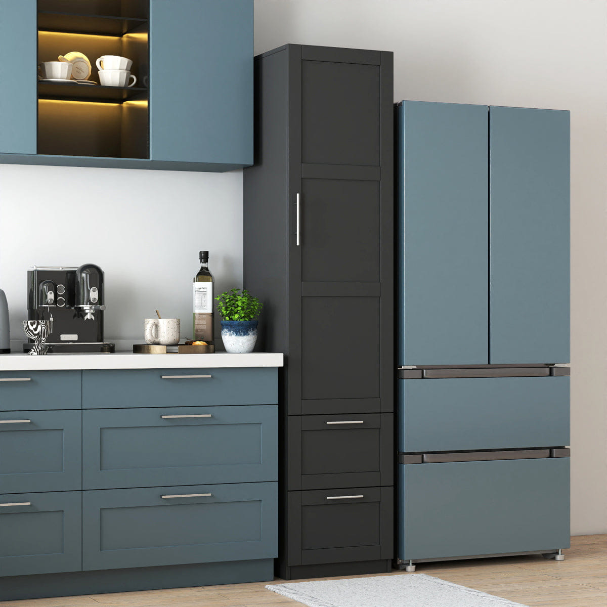 And Streamdale Tall Kitchen Pantry Freestanding Cabinet with Door and Two Drawers, BLACK