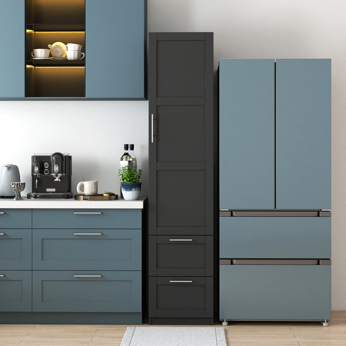 And Streamdale Tall Kitchen Pantry Freestanding Cabinet with Door and Two Drawers, BLACK