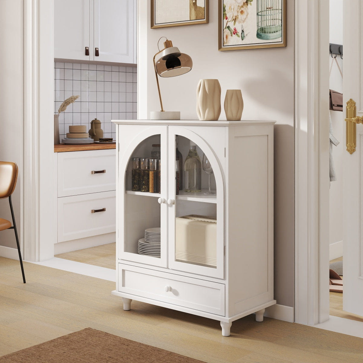 Drawer Streamdale Arched Glass Door Farmhouse Sideboard & Storage Cabinet with Drawer, White