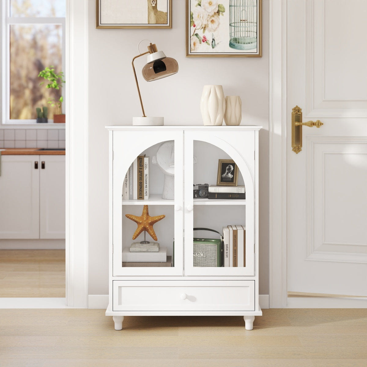 Drawer Streamdale Arched Glass Door Farmhouse Sideboard & Storage Cabinet with Drawer, White