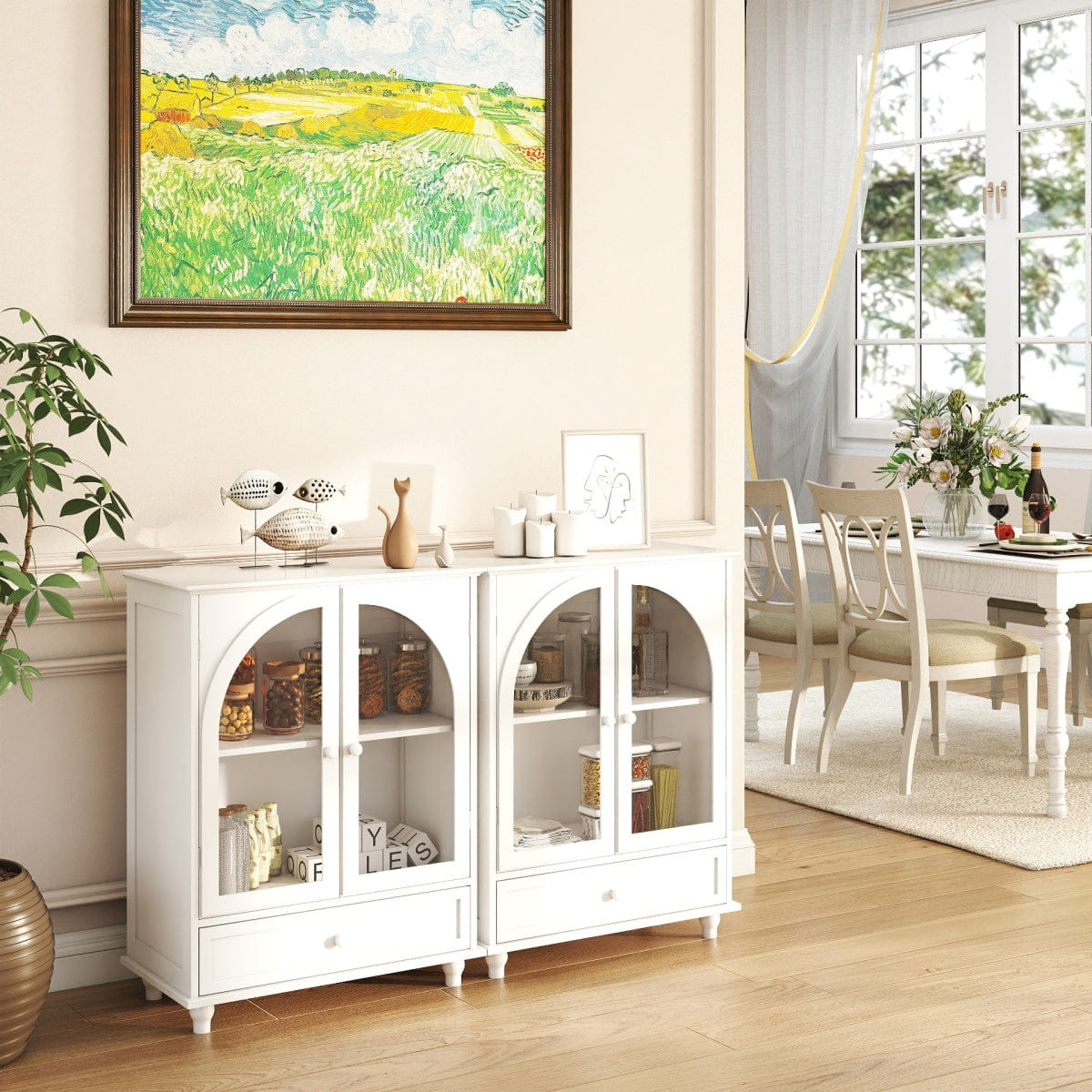 Drawer Streamdale Arched Glass Door Farmhouse Sideboard & Storage Cabinet with Drawer, White