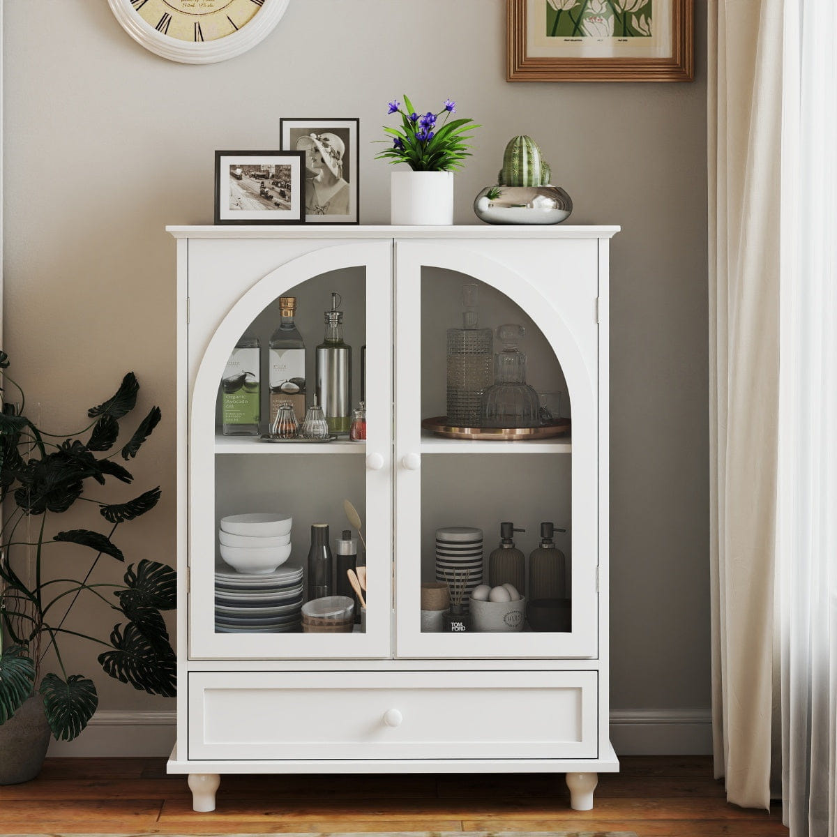 Drawer Streamdale Arched Glass Door Farmhouse Sideboard & Storage Cabinet with Drawer, White
