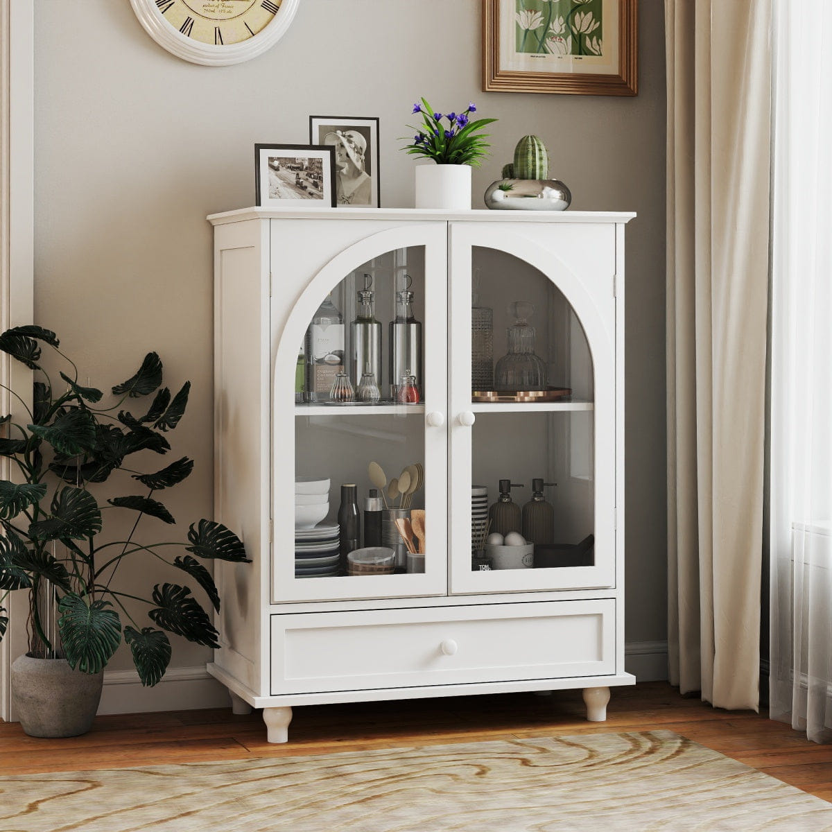 Drawer Streamdale Arched Glass Door Farmhouse Sideboard & Storage Cabinet with Drawer, White
