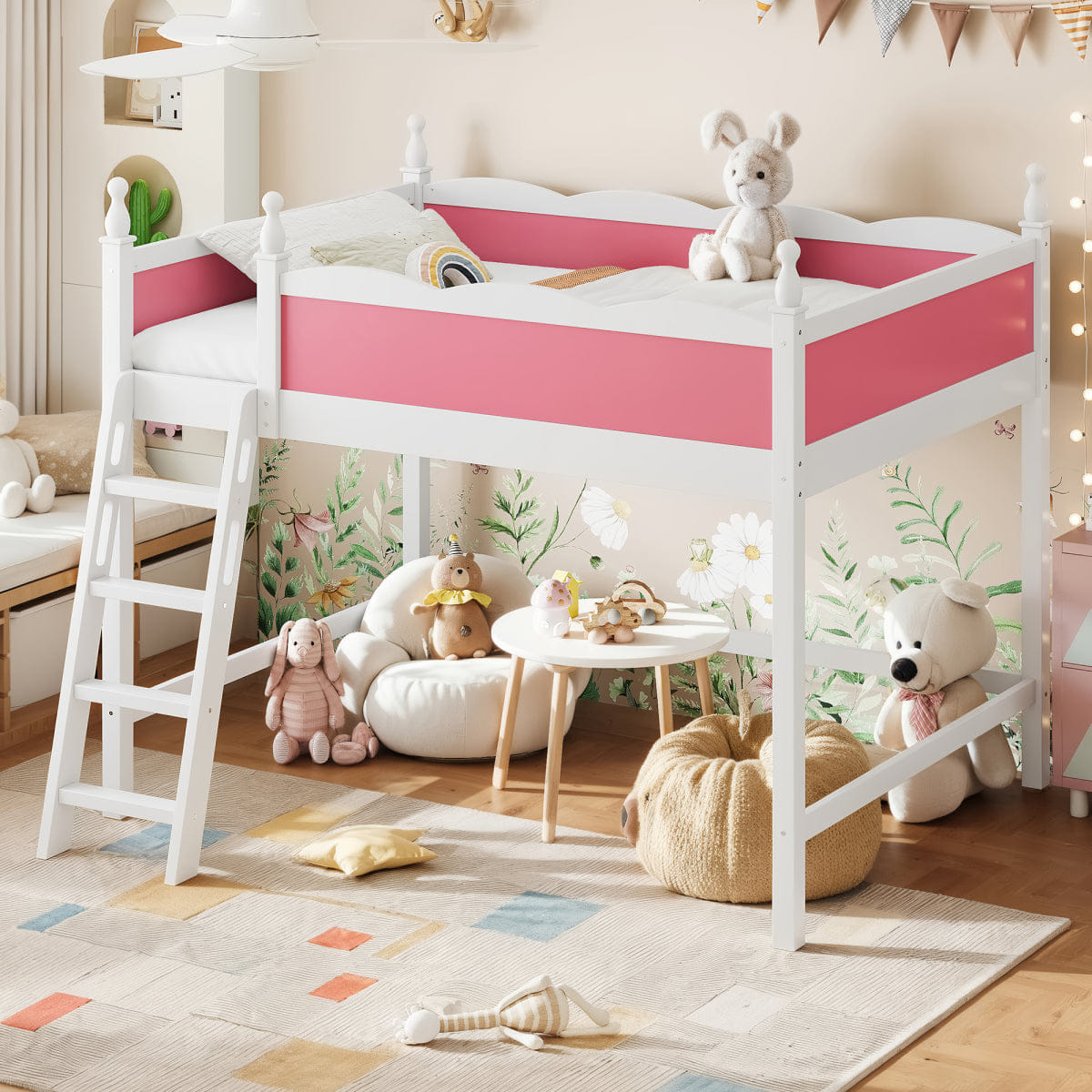 !SOLID Streamdale Full Size Solid Wood Loft Bed with Guardrails & Pink/White Finish