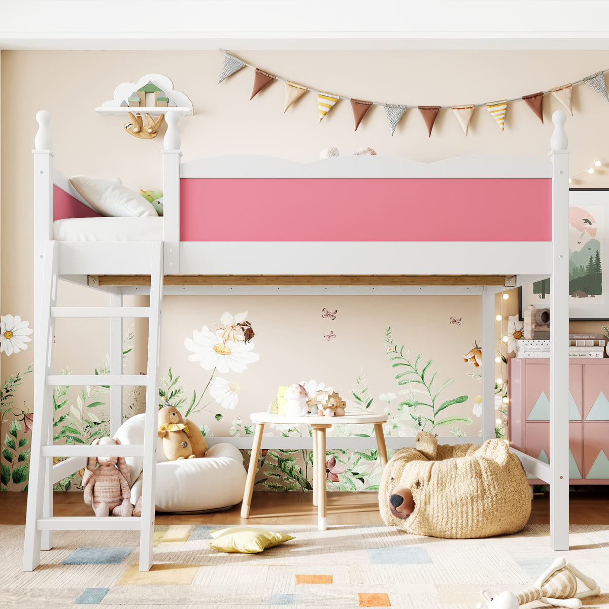 !SOLID Streamdale Full Size Solid Wood Loft Bed with Guardrails & Pink/White Finish
