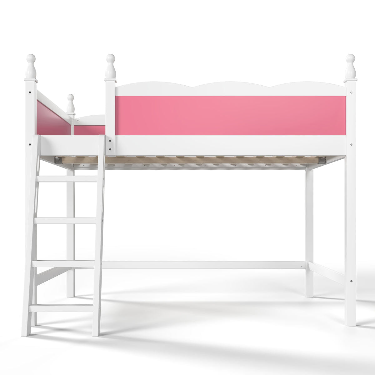 !SOLID Streamdale Full Size Solid Wood Loft Bed with Guardrails & Pink/White Finish