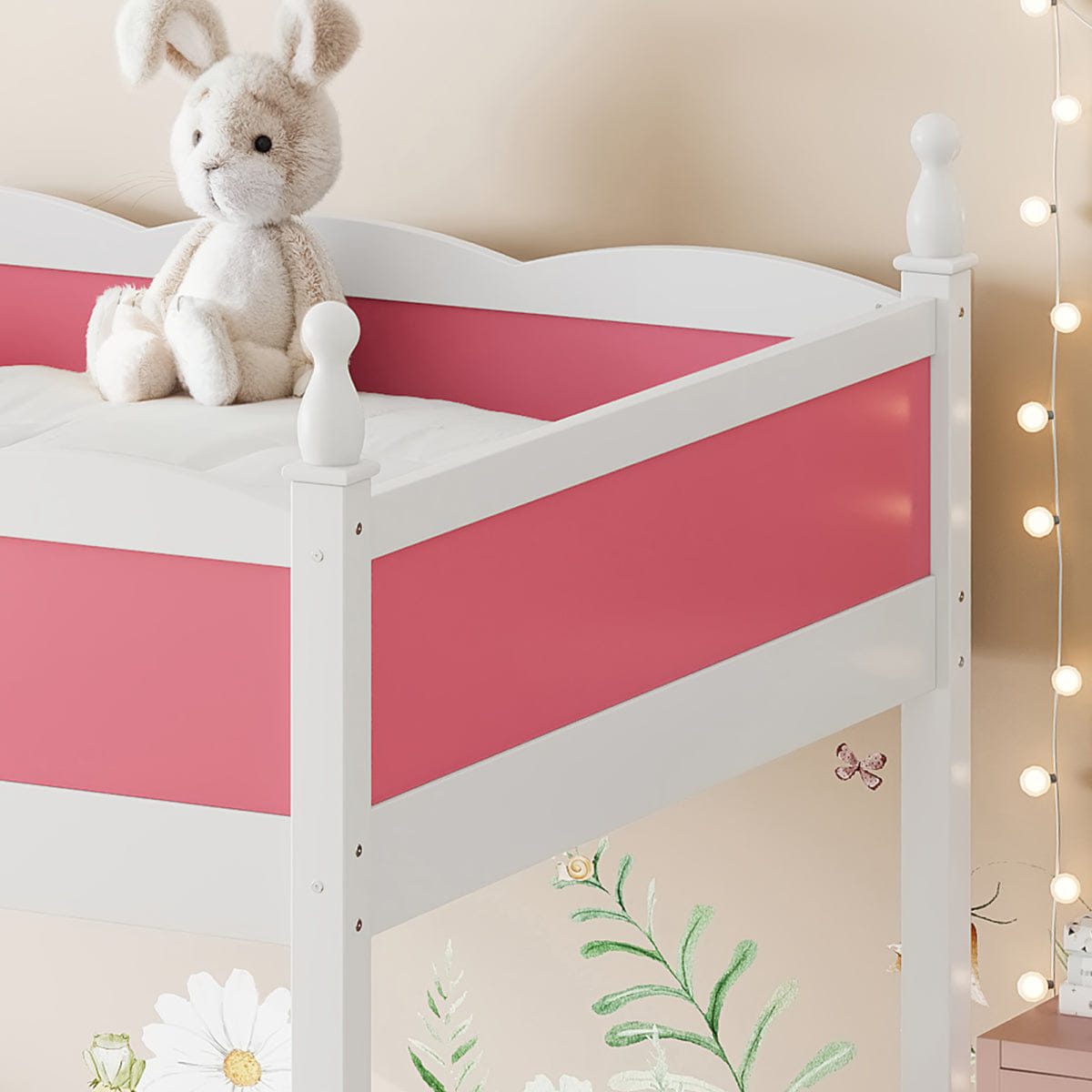 !SOLID Streamdale Full Size Solid Wood Loft Bed with Guardrails & Pink/White Finish