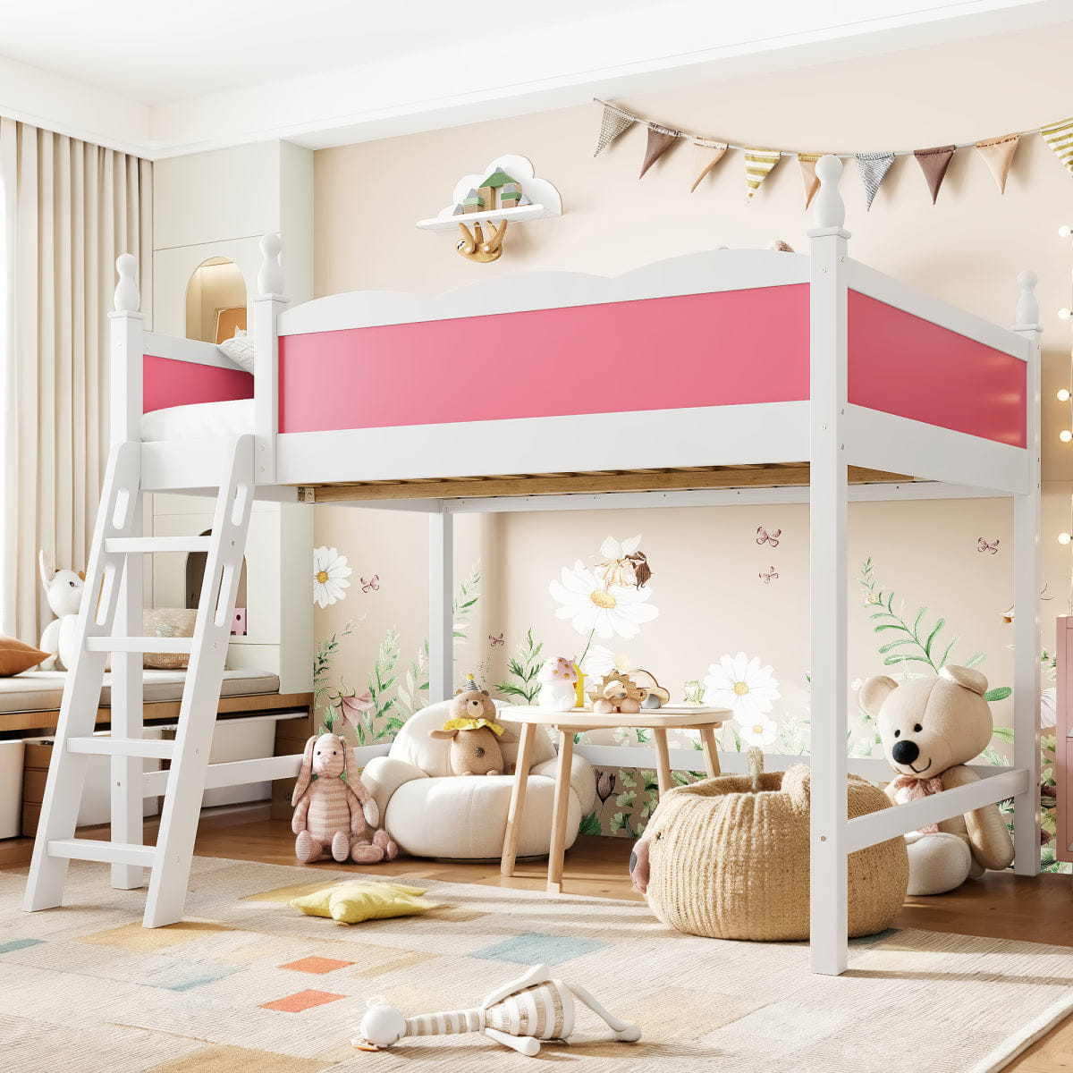 !SOLID Streamdale Full Size Solid Wood Loft Bed with Guardrails & Pink/White Finish