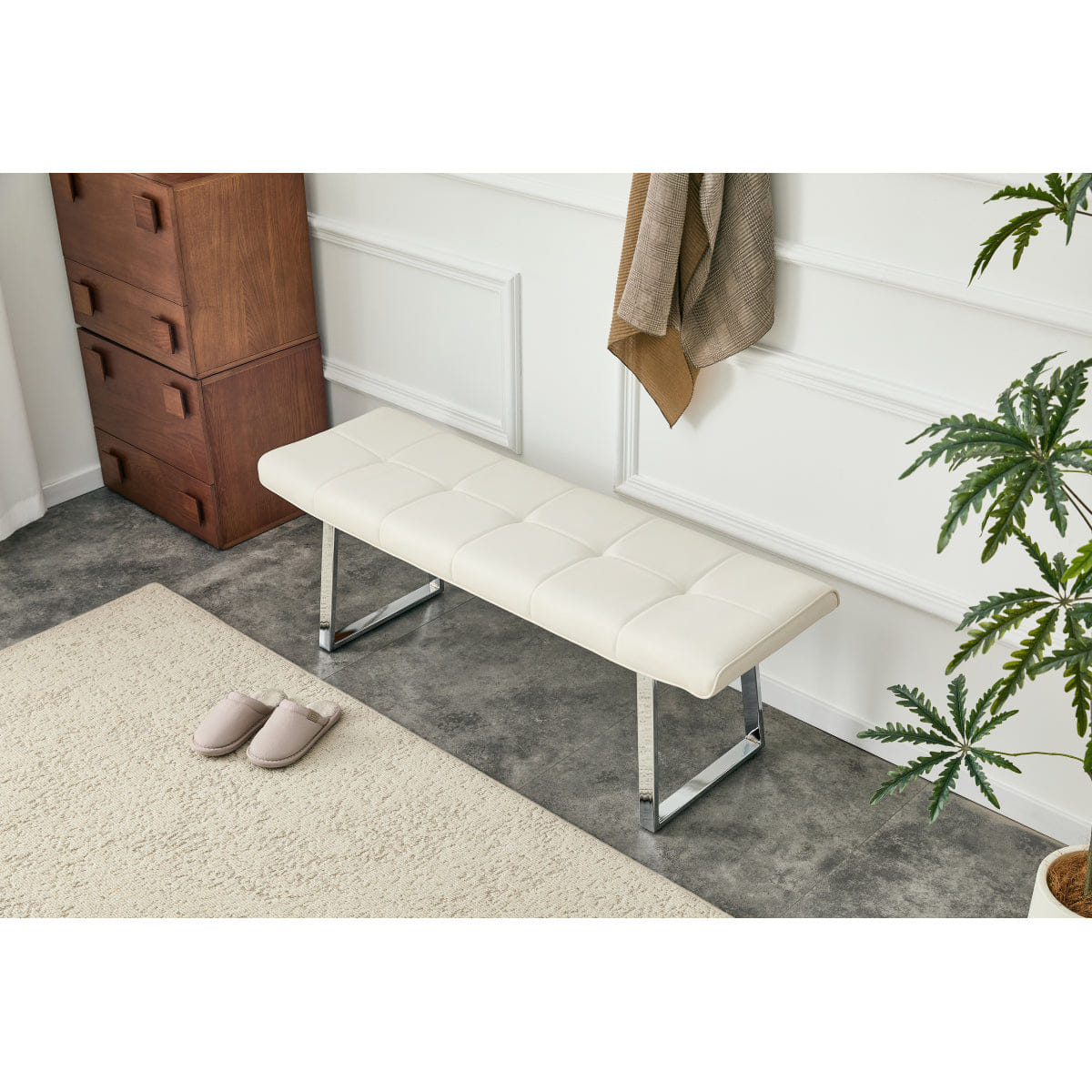 WHITE* Streamdale Upholstered Leather Dining Bench for 2 - 3 with Metal Legs (White)