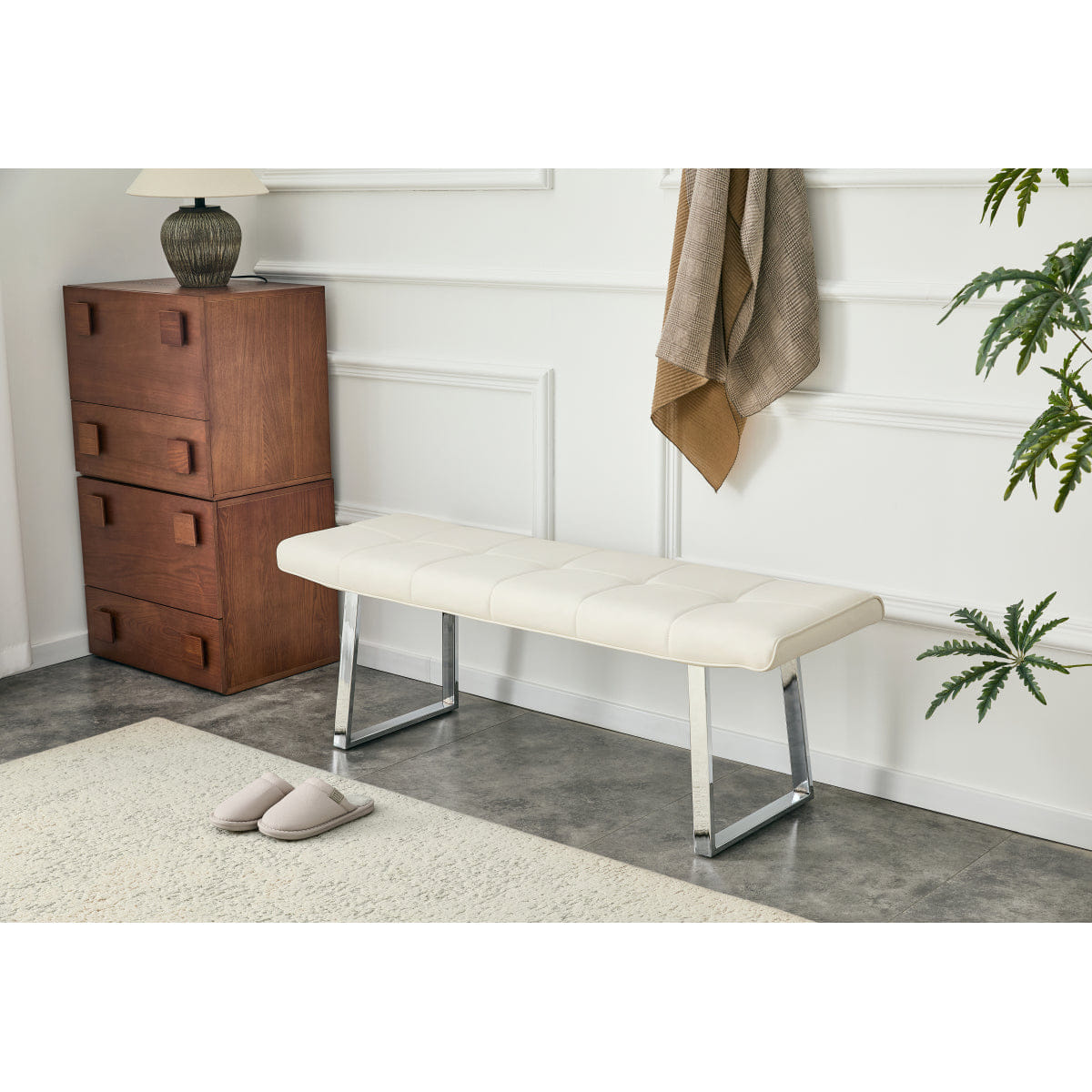 WHITE* Streamdale Upholstered Leather Dining Bench for 2 - 3 with Metal Legs (White)