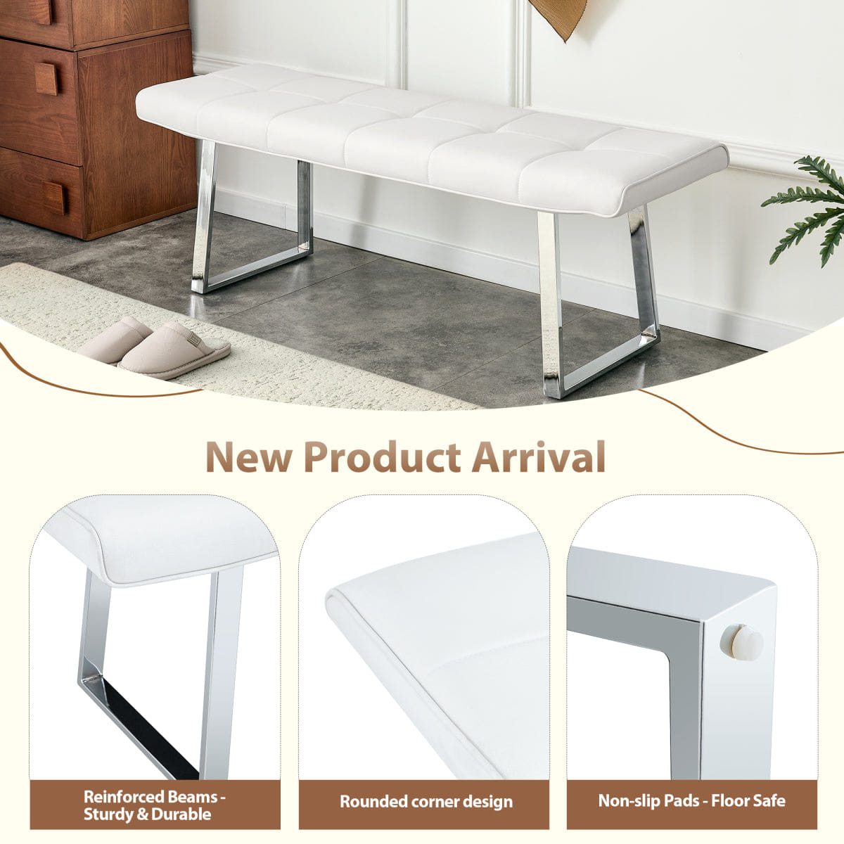 WHITE* Streamdale Upholstered Leather Dining Bench for 2 - 3 with Metal Legs (White)