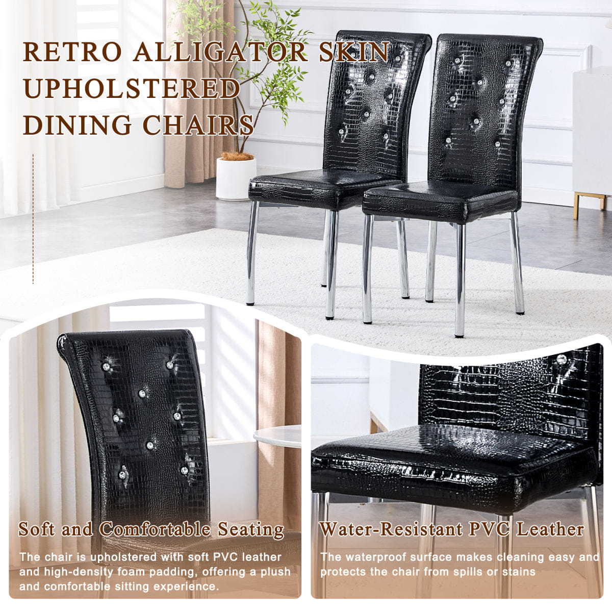 Retro Streamdale Set of 4 Retro Alligator Faux Leather Dining Chairs with Crystal Buckle